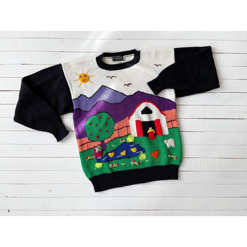 Claver sweater cottagecore embroidered farm‎ sheep duck pond sweater